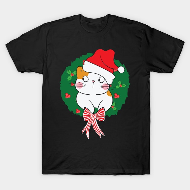 Cute Santa Hat Cat Christmas Wreath Xmas Gift T-Shirt by BadDesignCo